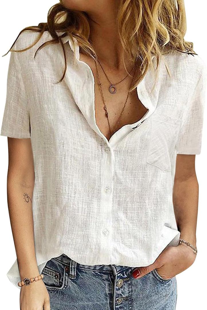 Womens Button Down Shirts Cotton Summer Tops V Neck Short Sleeve Shirt Collar Blouse Casual Plain Tshirt Work Tops (Large, White)