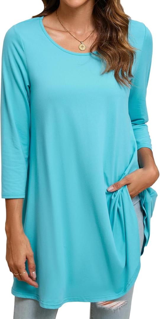 ENMAIN Women's Tops 3/4 Sleeve Dressy Casual Plus Size Tunic Tops to Wear with Leggings Swing Flare T-Shirt Loose Fit Blouses (Blue, S)