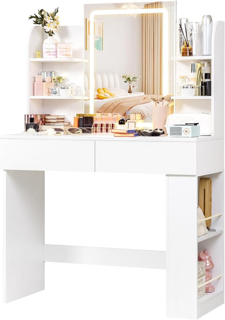 Furmax Vanity Desk with Mirror and LED Lights, Makeup Vanity Table with 3 Lighting Color, Adjustable Brightness, Vanity Table with 2 Drawers, Side Storage, for Bedroom (White, No Bench)