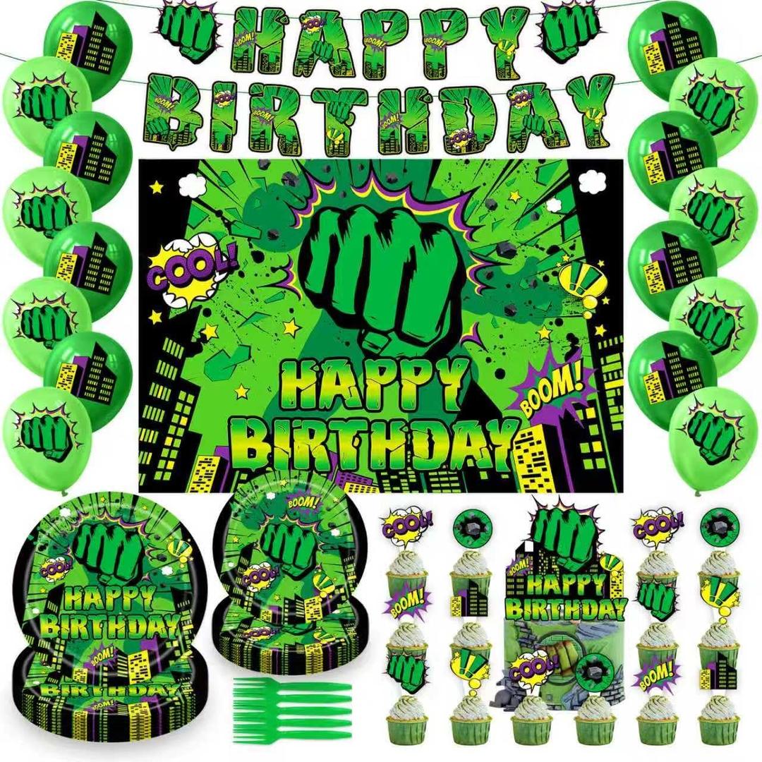 Green Hero Birthday Party Decorations Set, Super Theme Hero Party Supplies, Hero Fans Disposable Dinnerware Set for Kid Hero Cityscape Birthday Baby Shower Table Party Decoration