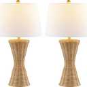 JONATHAN Y 27" Natural Woven Rattan Hourglass Table Lamp Coastal Geometric Wicker Bedside Lamp for Living Room Bedroom with White Fabric Shade Set of 2 LED Bulbs Included JYL4048A-SET2
