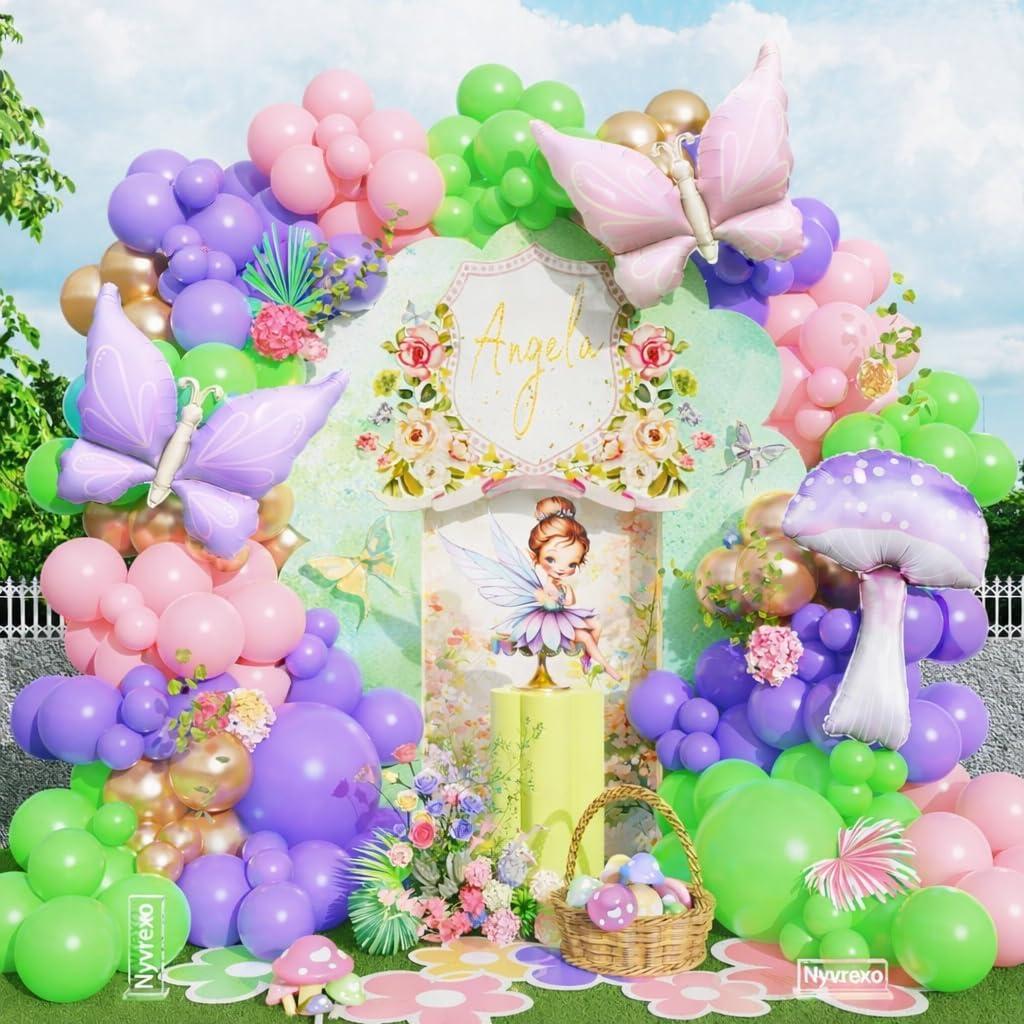 153Pcs Fairy Wonderland Balloon Arch Garland Kit Pink Purple Green Balloons with Butterfly Mushroom Foil Balloons for Spring Tea Garden Birthday Party Decorations