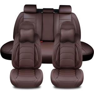 Brown Car Seat Covers Full Set, Breathable Leather Automotive Front and Rear Seat Covers & Headrest for Reduce The Driving Fatigue, Compatible with Most Vehicles, Cars