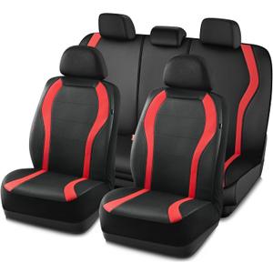 PIC AUTO Leather Car Seat Covers, Premium Automotive Waterproof Front & Rear Full Set Bucket Car Seat Protectors, Black and Red PVC Patchwork, Fits for Cars, Trucks, Van, SUV, Airbag Compatible