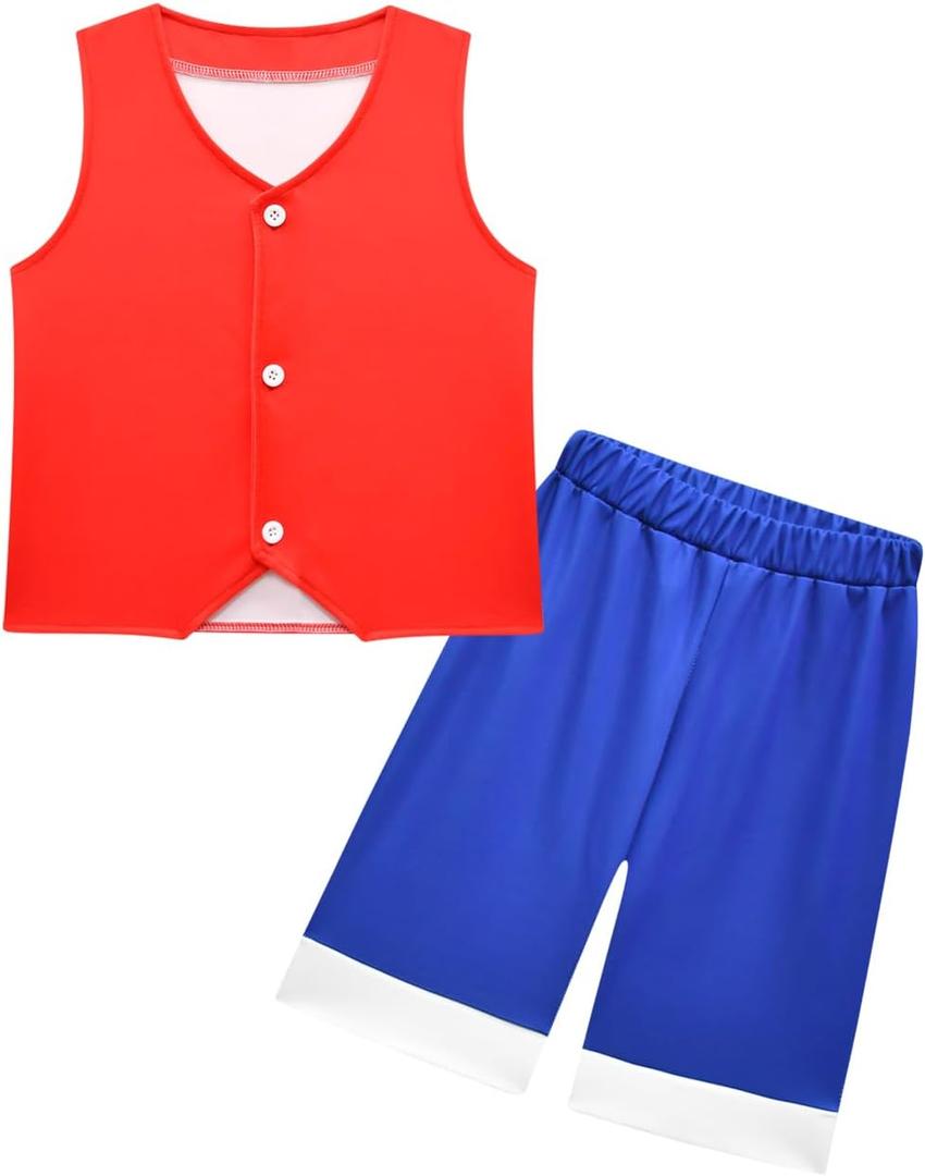 Kids Anime Suit Red Vest and Blue Shorts Set Summer Holiday Outfit Set for Boys Girls (Large)