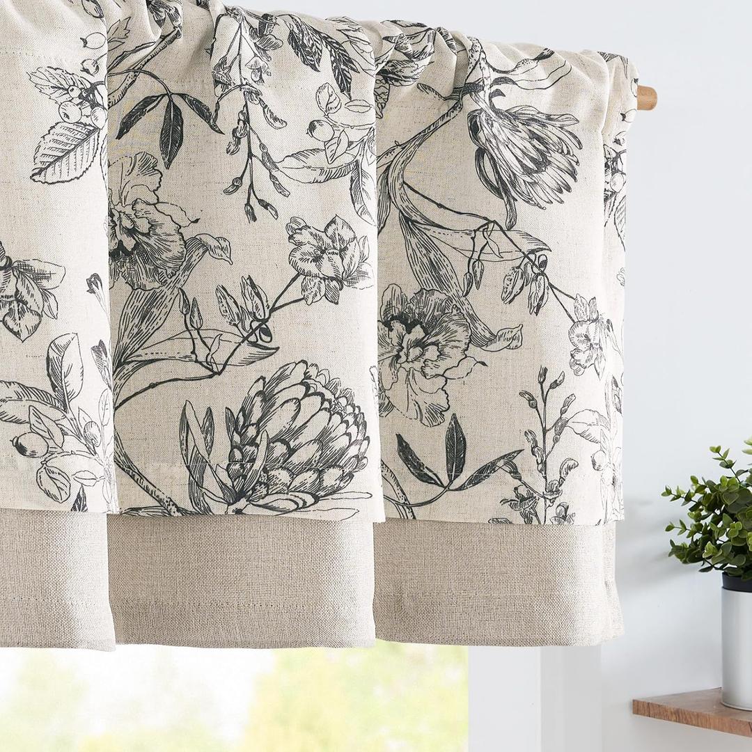 jinchan Linen Floral Valance for Windows Blackout Double Layer Valance Curtain 16 Inch Length for Living Room Bathroom Overlay Botanic Farmhouse Room Darkening 1 Panel Black on Beige