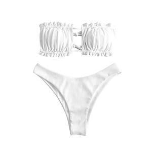 ZAFUL Women's Strapless Bikini Ribbed Tie Back Ruffle Cutout Bandeau Bikini Set Swimsuit (0-White, S)