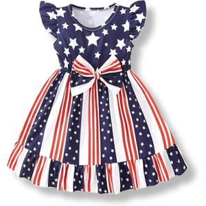 Girls 4th of July Dress Toddler Patriotic American Flag Outfit with Flutter Sleeves Red White Blue Skirt (2-3T)