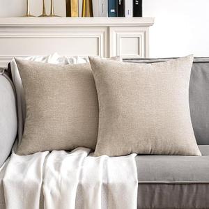 Throw Pillows for Couch and Bed, 17" x 17" Soft Cozy Linen Pillow for Sofa Living Room Solid Dyed Pillow, 2 PC Beige