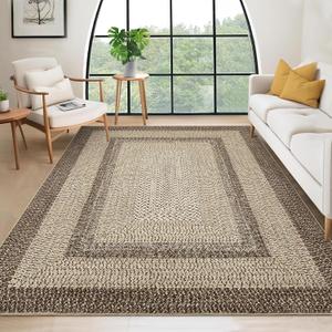 9x12 Living Room Rug Large Washable Rug Non Slip Boho Accent Braided Print Carpet Indoor Throw Floor Cover Farmhouse Rustic Area Rug Bohemian Border Carpet for Bedroom Home Decor, Camel