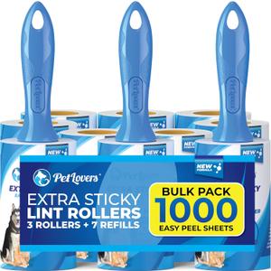 PetLovers Extra Sticky Lint Roller Mega Value Set 1000 Sheets for Pet Hair Removal, Dog and Cat Lint Remover 10 Pack