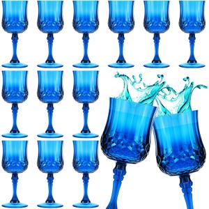 Pinkunn 12 Pcs 7 oz Plastic Vintage Glasses Reusable Colored Goblets Patterned Drinking Water Glasses Cup Dishwasher Safe for Valentine's Day Wedding Reception Party Supplies (Dark Blue)