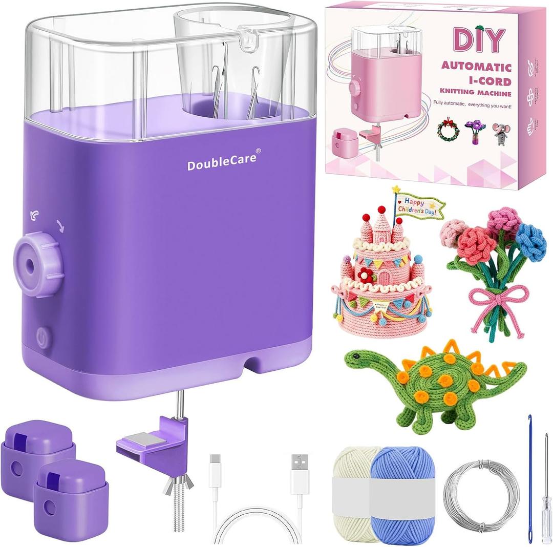 DoubleCare Automatic i Cord Knitting Machine, Electric i-Cord Knitter with 2 Rolls of Yarn and 1 Roll of 2M Iron Wire，Hands-Free Highly Knitting Tools，Fast DIY Craft Projects, Purple