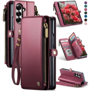 Defencase for Samsung Galaxy Z Fold 7/ Fold7 Wallet Case with RFID Blocking 10-Card Holder, Fashion Soft PU Leather Magnetic Snap Flip Zipper Wrist Strap Phone Case for Galaxy Z Fold 7 5G, Red