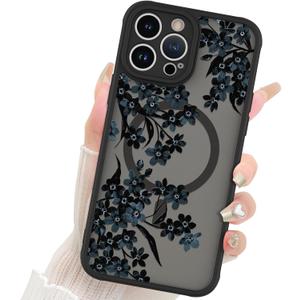 Fiyart Designed for iPhone 13 Pro Max Case Matte Flowers Design Compatible with MagSafe Wireless Charging,Cute Floral Anti-Scratch Translucent Phone Cover for Women Girls 6.7"-Black