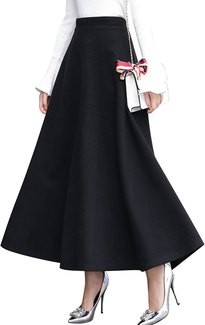 ebossy Women's Vintage High Waist Wool Blend Plaid A-Line Long Maxi Skirt with Pocket (Black, S)