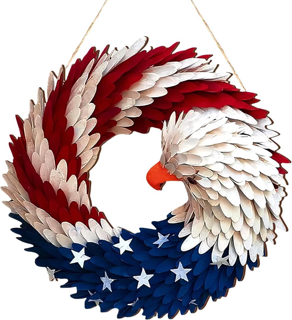 4th of July Wreath for Front Door, Jaxbo 2025 New Patriotic Wreath Handmade Eagle Wreaths, Red White and Blue Flag Wreaths Festival Garland Decoration Front Door Wall Home Decor