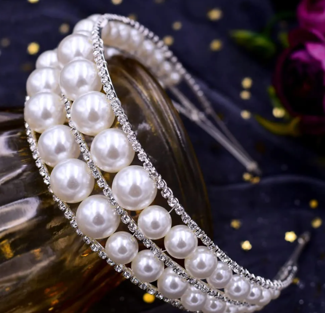 AW BRIDAL Pearl Hairband, Vintage Large Pearl Tiara Crown Bridal Headband Hair Accessories for Wedding (Silver, Big Pearl, 1 Count), Pack of 2 