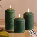 Eywamage Green Flameless Pillar Candles with Remote, Real Wax Christmas LED Candles Battery Operated Flickering Set of 3