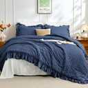 JOLLYVOGUE Oversized King Comforter Set, 3 Pieces Navy Blue Seersucker Comforters, Lightweight & Fluffy Bedding Sets for All Season with 1 Ruffle Comforter and 2 Ruffle Pillowshams