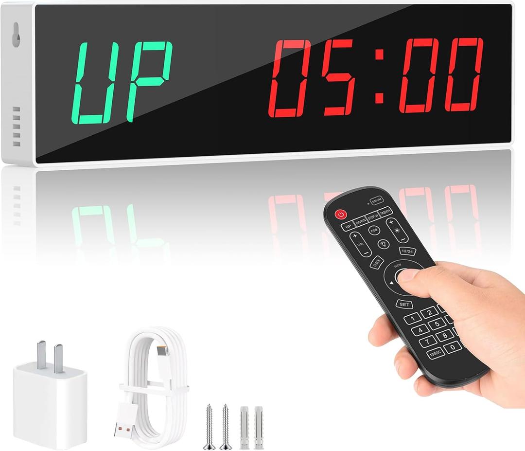 Large Digital Gym Timer Remote Control Gym Clock Wall with 9 Custom Modes Countdown/UP/Stopwatch/Interval, Workout Timer for Home Garage/Boxing/Outdoor Sport