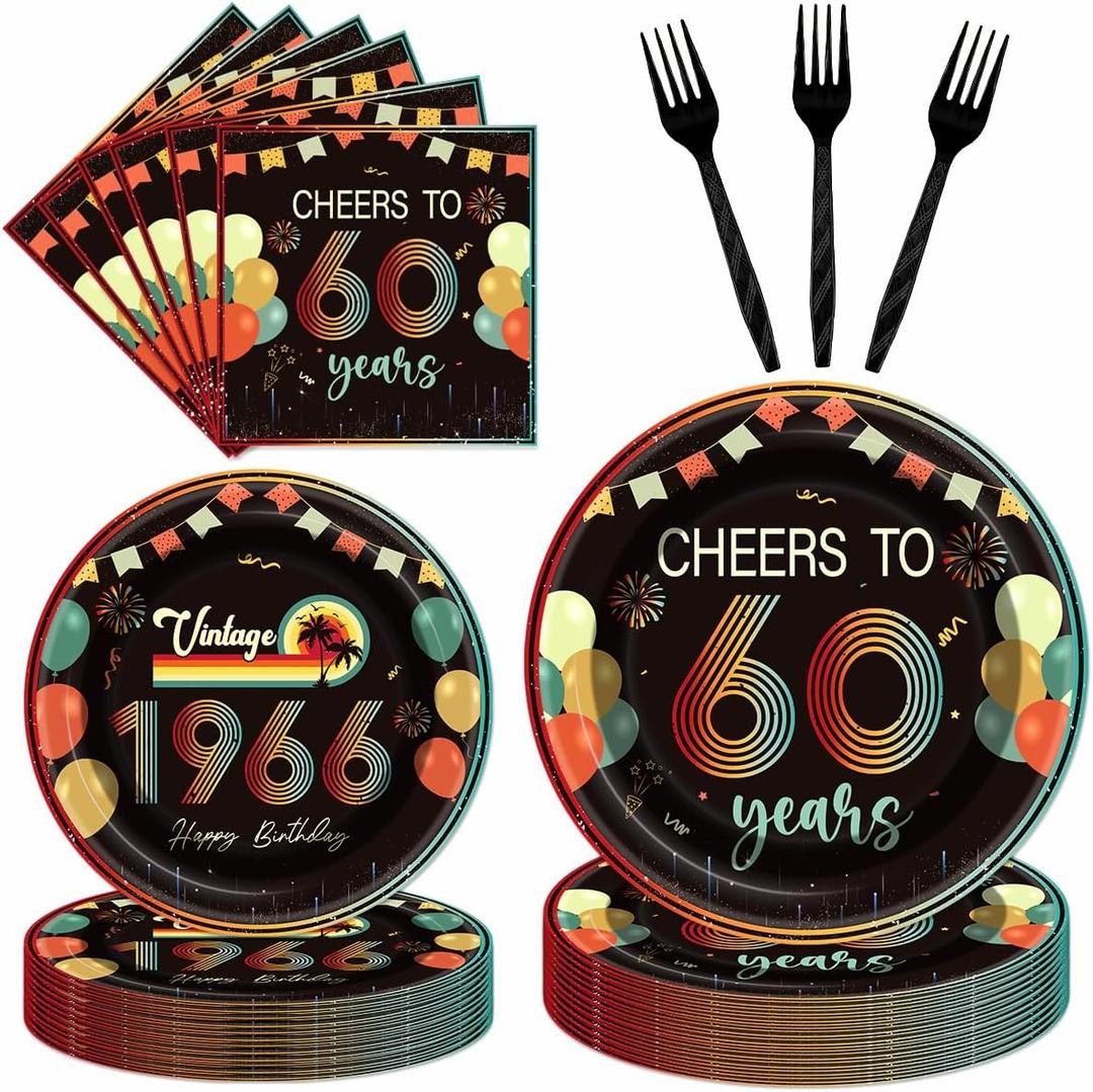 96Pcs Vintage 60th Birthday Decorations Tableware Set Back in 1966 Paper Plates Napkins Forks Cheers to 60 Years Disposable Tableware Decor for Women Men 60th Birthday Party Favor Serve 24 Guests