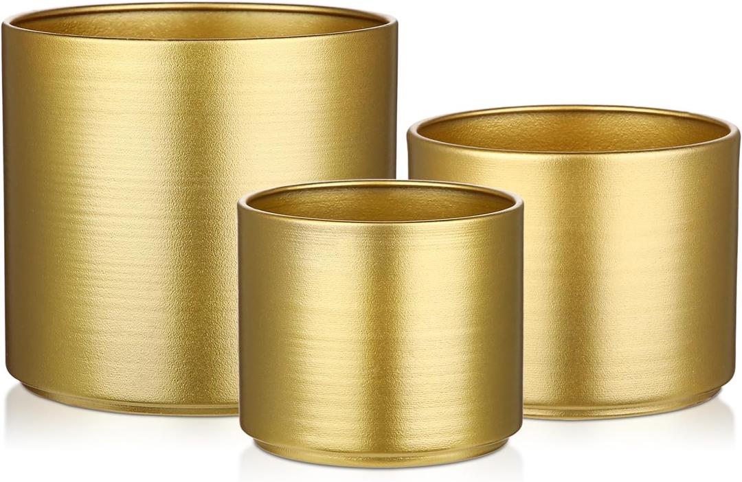 Briful Gold Metal Planters 3.93''/4.72''/5.9'' Gold Flower Planter with Drainage Hole for Outdoor Planting, Indoor Decorative Metal Buckets Floral Arrangement, Home Farmhouse Tables Decor, Set of 3