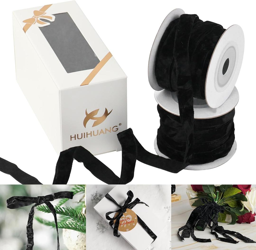 HUIHUANG Black Velvet Ribbon 3/8" Crushed Velvet Ribbon for Christmas Tree Ornaments, Gift Wrapping, Wreath Decoration, Invitations, Holiday Home Decor, Bows, Flower Bouquet -10 Yards