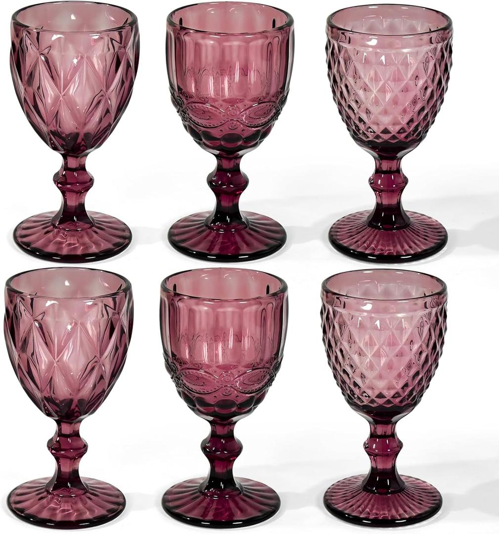 Vintage Wine Glasses Set of 6, 12 OZ Colored Glass Water Goblets, Embossed Floral Decorative Crystal Glass Cups Set, Dishwasher Safe, for Wedding, Party, Red Wine Glass, Bars, Restaurants