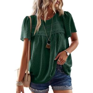 Falechay Womens Summer Tops Crewneck Short Sleeve Shirts Casual Chiffon Blouses Flowy Lace Hem Boho Clothing Trendy 2026 (Green, L)