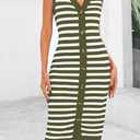 BTFBM Casual Women Spring Dresses 2025 Sleeveless Striped Midi Button Down Dress Ribbed Knit Cardigan Cover Up Dress (XXL)