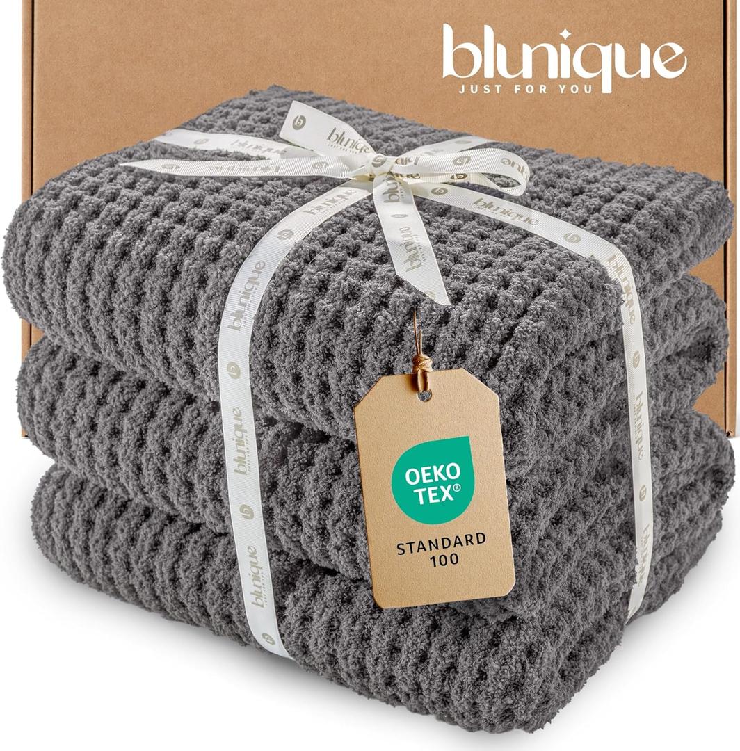 blunique Waffle Knit Throw Blanket, Luxury Cozy Chunky Knit Throw Blanket for Couch, 50 x 60 Inch Thick Ultra-Soft Feather Yarn Knitted Blanket for Sofa, Bed, Home Decor - Grey
