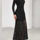 ZESICA Women's Long Sleeve Off Shoulder Bodycon Dresses Fall 2026 Ruched Lace Wedding Guest Cocktail Formal Maxi Dress (Black)