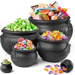 Halloween Decorations - 6 in 1 Package Large Black Plastic Witches Cauldron - Cauldron Candy Bowl - Trick or Treat - Cauldron Pot for Indoor Outdoor Party Table Decor