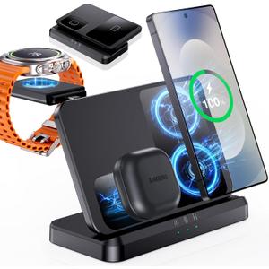 EGV Wireless Charger for Samsung  3 in 1 Wireless Charging Station for Galaxy S26 Ultra S25 S24, Z Fold Flip 7/6, Detachable Watch Charger for Galaxy Ultra 8/7/6, Foldable, Fast Charging, No Adapter