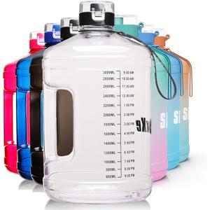 SLUXKE Gallon Big Water Bottle with Handle, 128oz Leakproof BPA Free Fitness Sports Water Bottle with Motivational Time Marker & Wide Mouth Ensure You Drink More Water