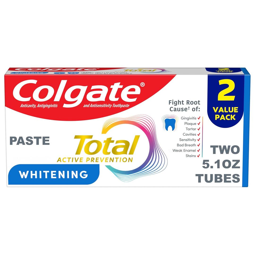 Colgate Total Whitening Toothpaste Paste, 5.1 oz, 2 Pack, Fluoride Antibacterial for Plaque, Gingivitis, Sensitivity, Stain Removal, Clinically Proven, Mint
