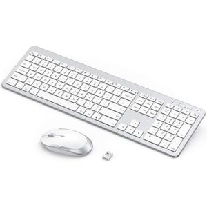 Rechargeable Wireless Keyboard Mouse Combo - Seenda Full Size Cordless Keyboard & Mouse Sets with Build-in Lithium Battery Ultra Thin Quiet Keyboard Mice - Silver and White