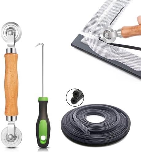 Screen Repair Kit/Tool, King&Charles Screen Roller Tool, Steel Roller with Bear, 32 ft Spline, Removal Hook, 3 in 1 Window Repair Kit, for Installing Door Window Mesh.