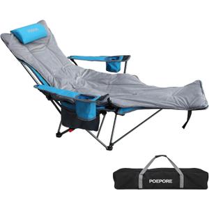 Reclining Camping Chair with Removable Footrest Lounge Chair with Headrest, Cotton Cushion, Portable Adjustable Folding Chairs (1 pack, Blue)