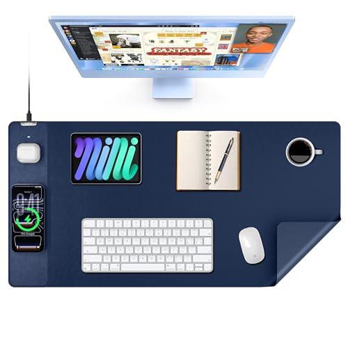 TopMade Mouse Pad with 15W Wireless Charging, XXL Large Leather Desk Mat, Waterproof Gaming Mousepad Home Office Desk Pad Protector, Computer Keyboard Pad, Mouse Mat for MacBook, PC, Laptop, Blue