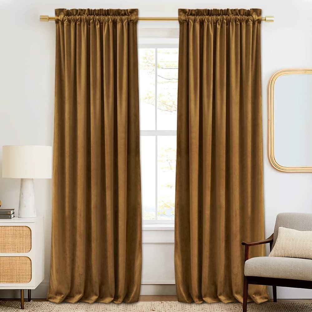 RYB Home Golden Brown Velvet Curtains 120 inches, Super Soft Luxury Velvet Drapes Room Darkening Privacy Panels for Large Window Energy Smart Shades for Bedroom Office, W52 x L120 inches, 2 Panels
