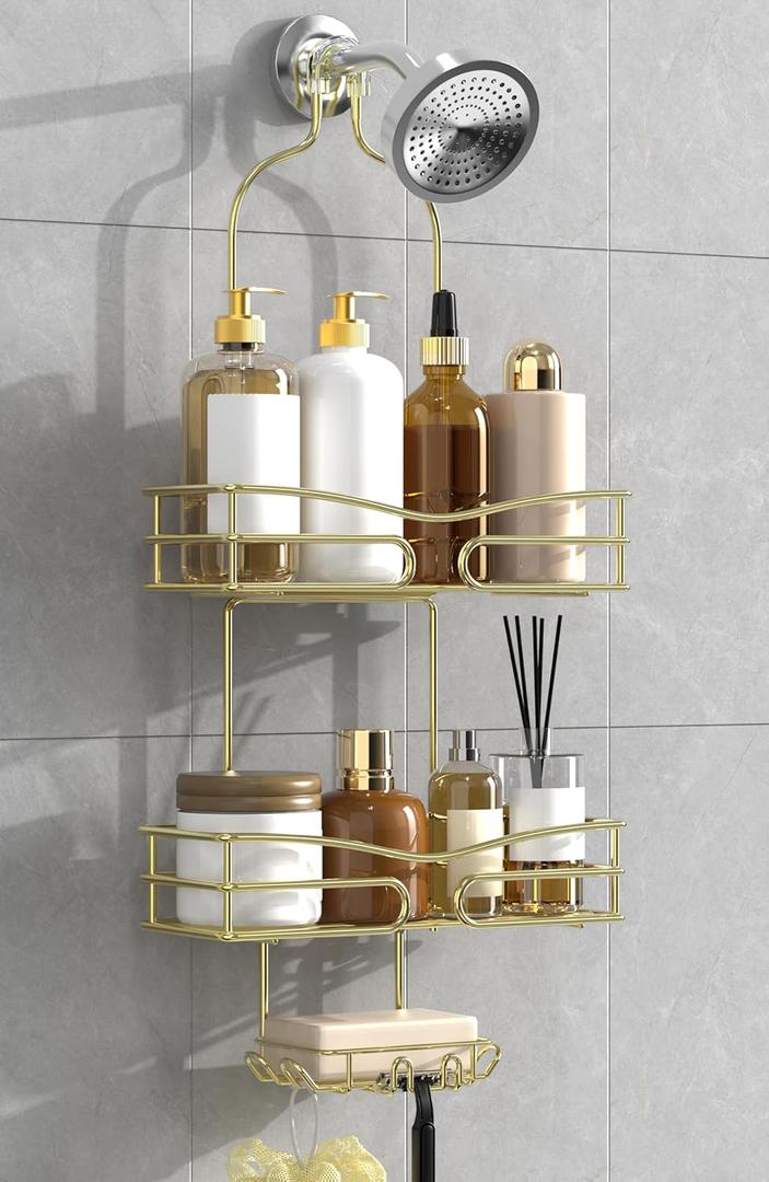 DAOYA Over the Shower Head Caddy - 3 Tier Shower Caddy Hanging, Gold Bathroom Organizer with Soap Holder & Hooks (Style 1)