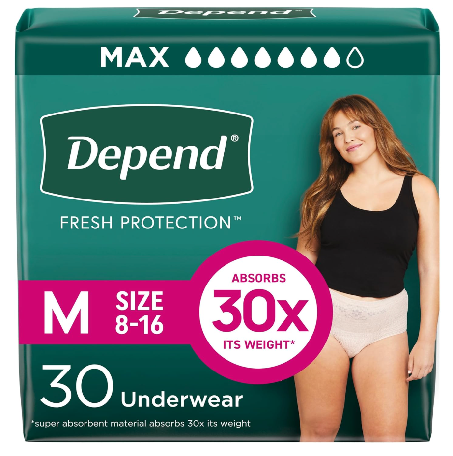 Depend Fresh Protection Adult Diapers, Incontinence & Postpartum Bladder Leak Underwear for Women, Disposable, Maximum, Medium, Blush, 30 Count