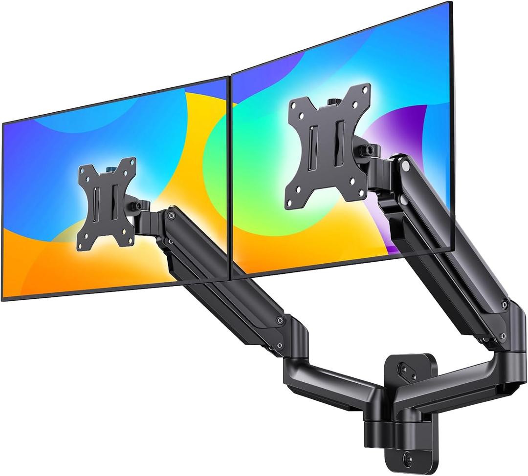 HUANUO Dual Monitor Wall Mount up to 32-inch Screens, Wall Monitor Mount with Gas Spring System, Height-Adjustable/Tilt/Swivel/Rotate, Dual Monitor Mount Holds 17.6 lbs, VESA 75 or 100mm