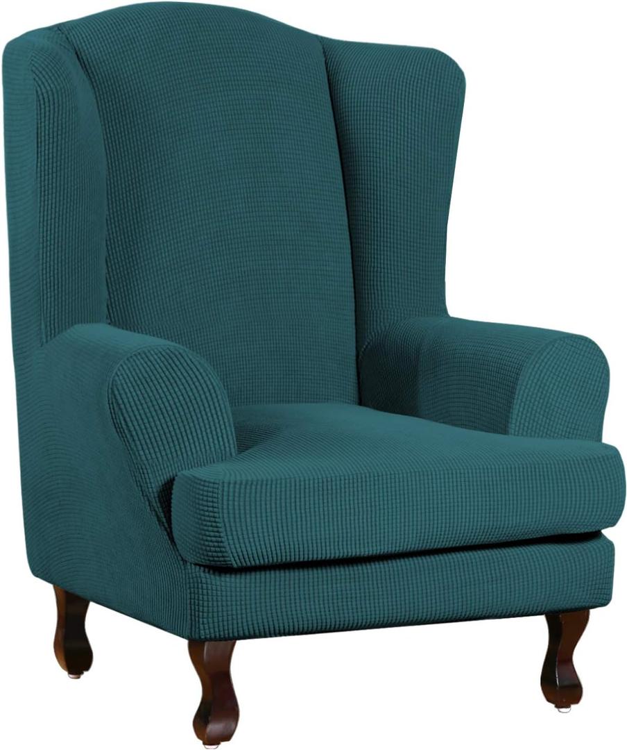 Turquoize Wingback Chair Covers 2 Piece Wing Chair Slipcover Stretch Slipcovers for Wingback Chairs Wing Chair Cover Spandex Jacquard Fabric with Elastic Bottom Non-Slip Furniture Cover, Deep Teal