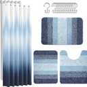 Britimes Navy Blue Stripes Bathroom Sets with Shower Curtain and Rugs, Ombre Modern Abstract Waterproof Shower Curtain Liner and Soft Non Slip Bath Mat for Bathroom Decor and Accessories Hooks