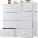 OLIXIS 9 Drawer Storage Dresser with Wood Top - Wide Fabric Chest Organizer for Bedroom, Closet, Living Room, Tower Cabinet, TV Stand, Hallway Entryway Furniture, Bright White