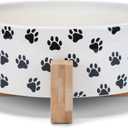 NAT & Jules Large Pawprint Black and White 8 inch Stoneware Ceramic and Wood Pet Bowl with Stand (Black and White Pawprint)