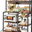 SUPERJARE Bakers Rack with Power Outlet, 35.4 Inches Coffee Bar with Wire Basket, Kitchen Microwave Stand with 6 S-Shaped Hooks, Open Storage Shelves, Rustic Brown